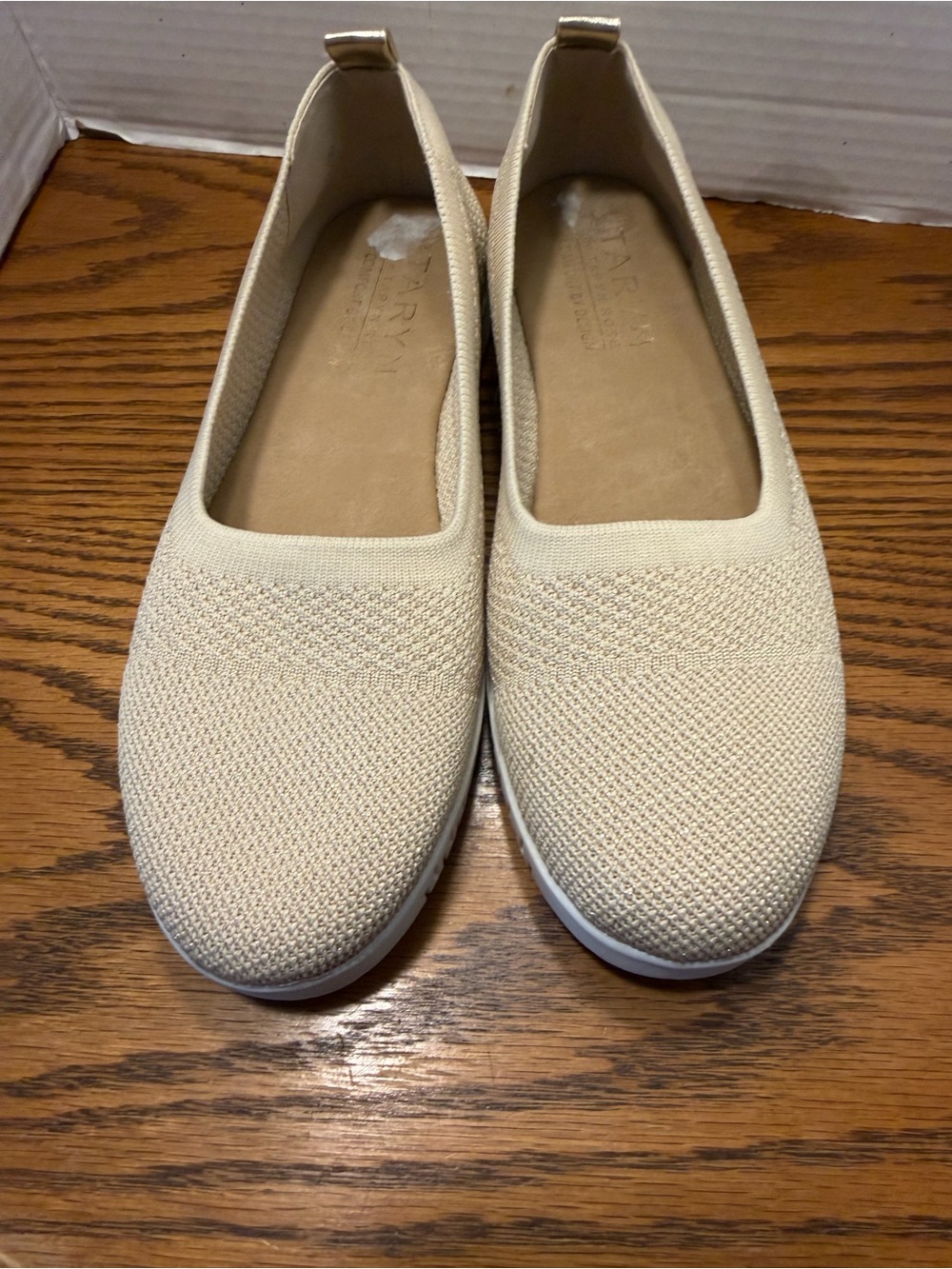 Taryn Rose Knit Slip-On Flats tan with gold accents lightweight comfortable - Picture 6 of 9